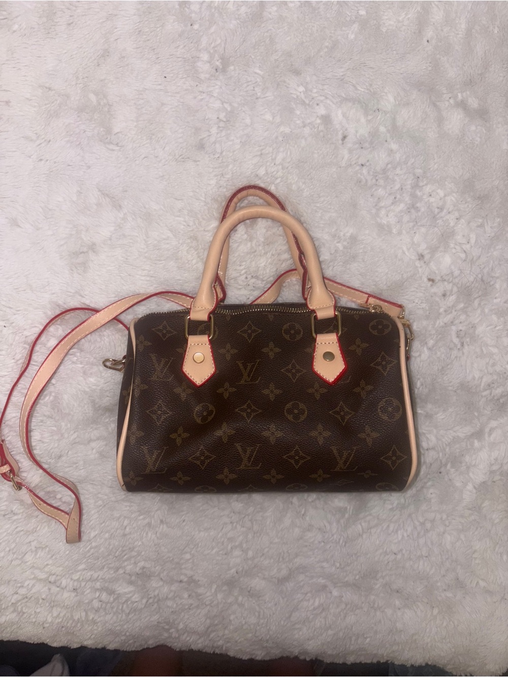 Designer Monogram Brown Leather Satchel with Pink Trim
